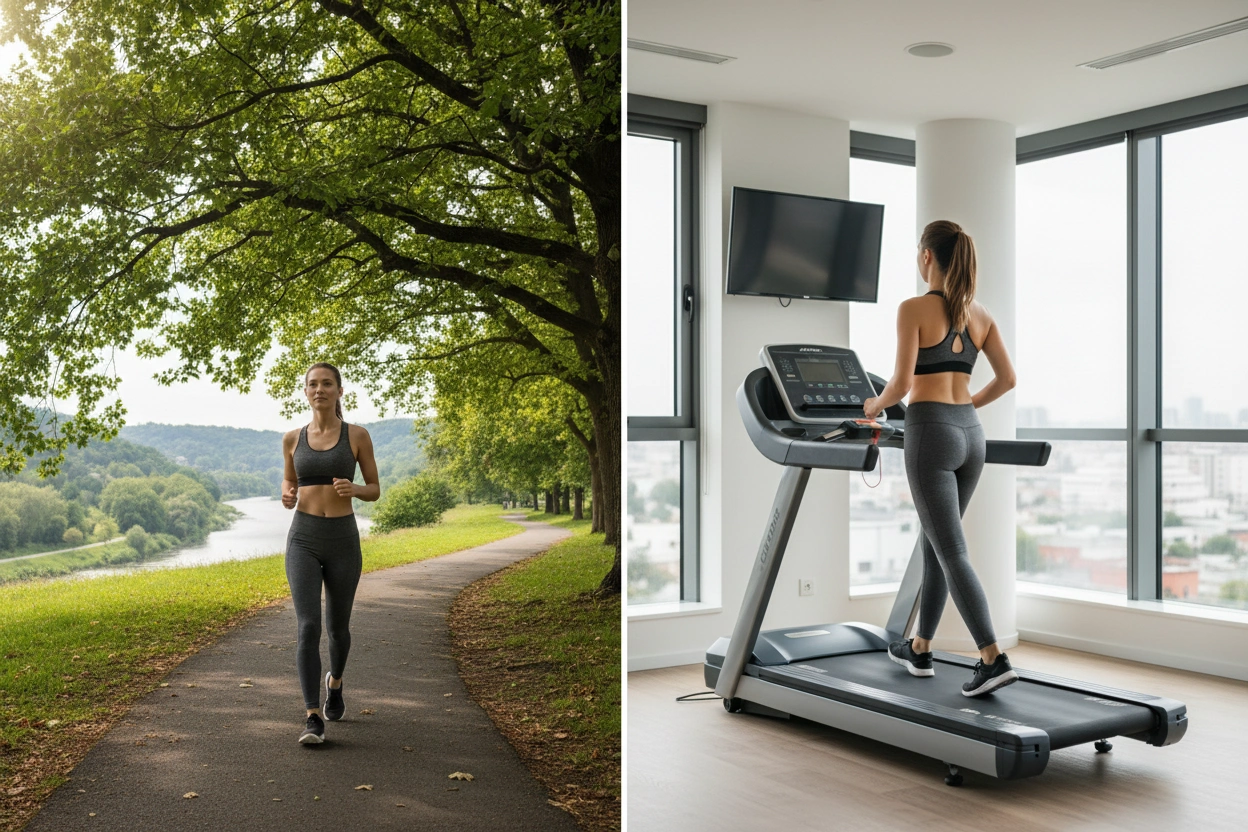 Professional image illustrating Outdoor Walking vs. Treadmill Walking